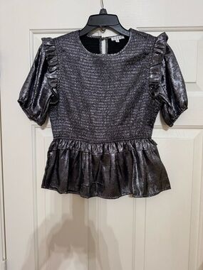 TCEC Shimmery Black Ruffle Peplum Blouse